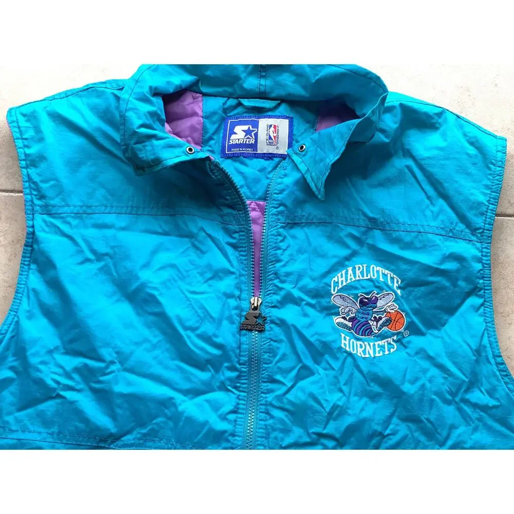 Charlotte Hornets 90s STARTER Vest puffer jacket L teal purple NBA vintage